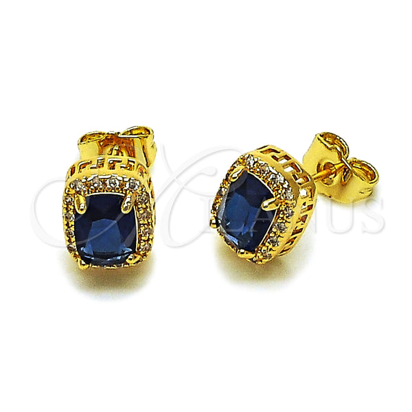 Oro Laminado Stud Earring, Gold Filled Style Cluster Design, with White Micro Pave and Sapphire Blue Cubic Zirconia, Polished, Golden Finish, 02.342.0209.2