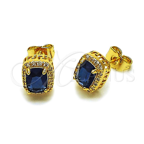Oro Laminado Stud Earring, Gold Filled Style Cluster Design, with White Micro Pave and Sapphire Blue Cubic Zirconia, Polished, Golden Finish, 02.342.0209.2