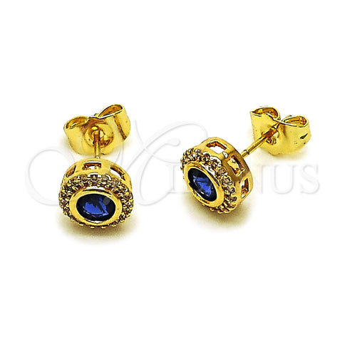 Oro Laminado Stud Earring, Gold Filled Style Cluster Design, with Sapphire Blue Cubic Zirconia and White Micro Pave, Polished, Golden Finish, 02.344.0171