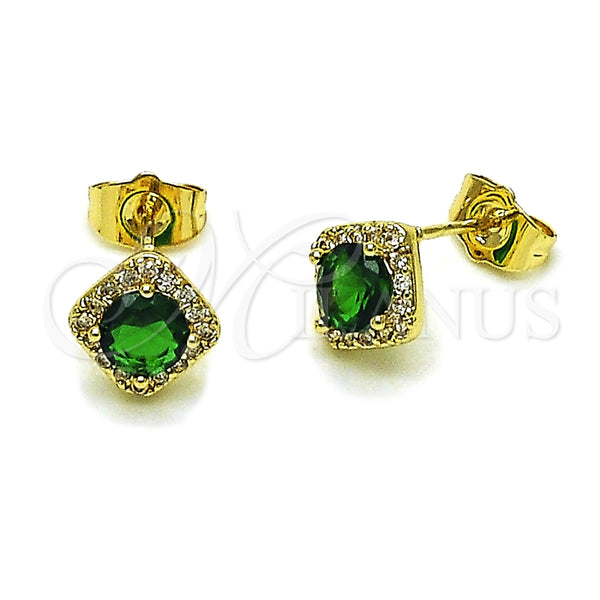 Oro Laminado Stud Earring, Gold Filled Style Cluster Design, with Green Cubic Zirconia and White Micro Pave, Polished, Golden Finish, 02.196.0231