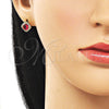 Oro Laminado Stud Earring, Gold Filled Style Cluster Design, with Ruby Cubic Zirconia and White Micro Pave, Polished, Golden Finish, 02.196.0231.1