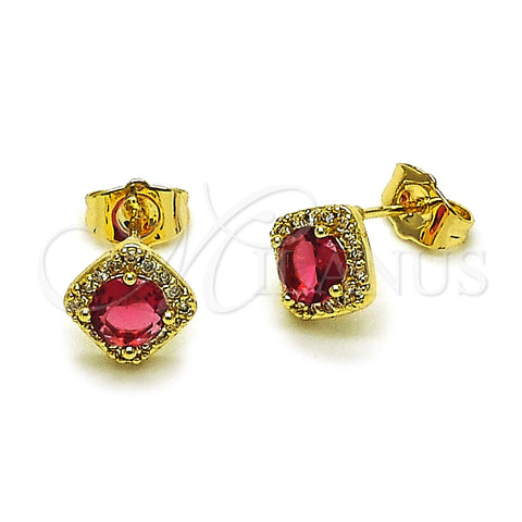 Oro Laminado Stud Earring, Gold Filled Style Cluster Design, with Ruby Cubic Zirconia and White Micro Pave, Polished, Golden Finish, 02.196.0231.1
