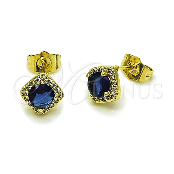 Oro Laminado Stud Earring, Gold Filled Style Cluster Design, with Sapphire Blue Cubic Zirconia and White Micro Pave, Polished, Golden Finish, 02.196.0231.2