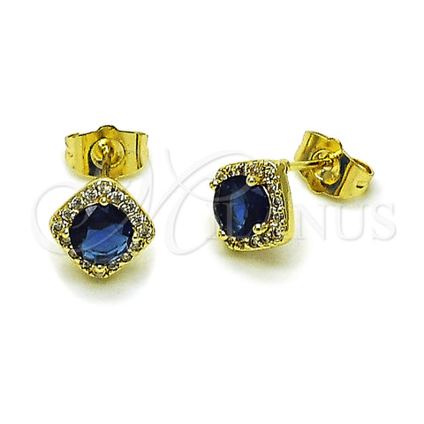 Oro Laminado Stud Earring, Gold Filled Style Cluster Design, with Sapphire Blue Cubic Zirconia and White Micro Pave, Polished, Golden Finish, 02.196.0231.2