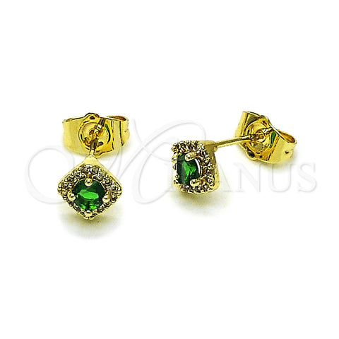 Oro Laminado Stud Earring, Gold Filled Style Cluster Design, with Green Cubic Zirconia and White Micro Pave, Polished, Golden Finish, 02.196.0232