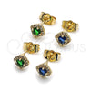 Oro Laminado Stud Earring, Gold Filled Style Cluster Design, with Green Cubic Zirconia and White Micro Pave, Polished, Golden Finish, 02.196.0232