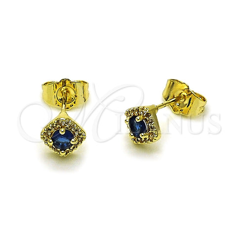 Oro Laminado Stud Earring, Gold Filled Style Cluster Design, with Sapphire Blue Cubic Zirconia and White Micro Pave, Polished, Golden Finish, 02.196.0232.1
