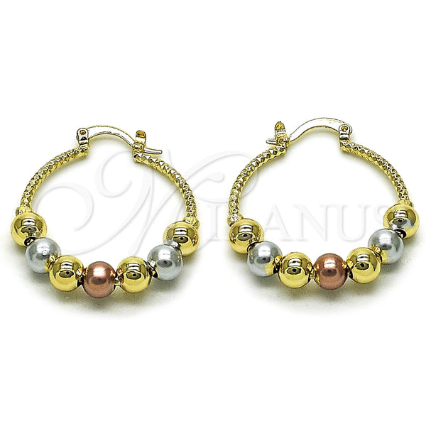 Oro Laminado Medium Hoop, Gold Filled Style Ball Design, Diamond Cutting Finish, Tricolor, 02.196.0233.30