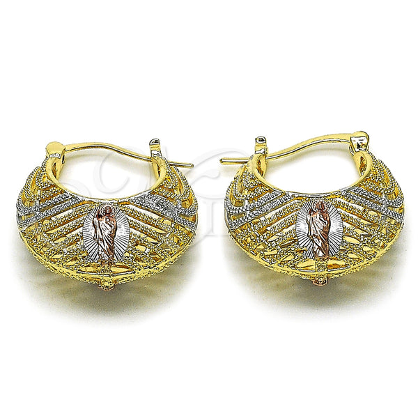 Gold Filled Hoop Earrings — Medium Hoop San Judas Design Diamond Cutting Tricolor — main product view — SKU 161774 | Oro Laminado aretes de aro — Medium Hoop San Judas diseño Diamond Cutting Tricolor — SKU 161774