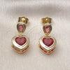 Oro Laminado Dangle Earring, Gold Filled Style Heart and Teardrop Design, with Ruby Cubic Zirconia, Polished, Golden Finish, 02.196.0236.1