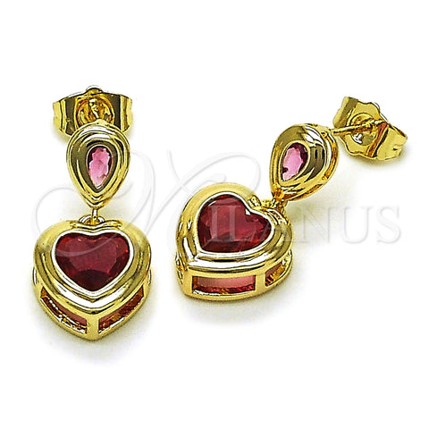 Oro Laminado Dangle Earring, Gold Filled Style Heart and Teardrop Design, with Ruby Cubic Zirconia, Polished, Golden Finish, 02.196.0236.1