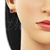 Oro Laminado Stud Earring, Gold Filled Style Cluster Design, with Ruby Cubic Zirconia and White Micro Pave, Polished, Golden Finish, 02.196.0237