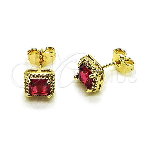 Oro Laminado Stud Earring, Gold Filled Style Cluster Design, with Ruby Cubic Zirconia and White Micro Pave, Polished, Golden Finish, 02.196.0237