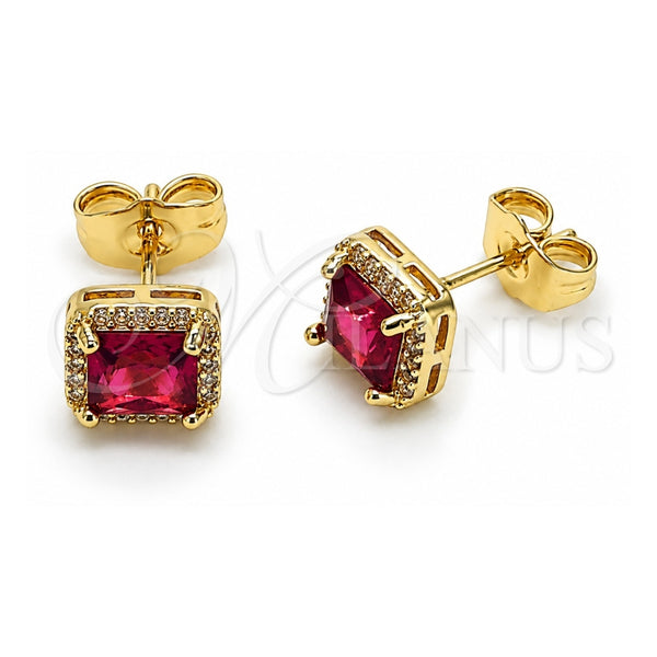 Oro Laminado Stud Earring, Gold Filled Style Cluster Design, with Ruby Cubic Zirconia and White Micro Pave, Polished, Golden Finish, 02.196.0237