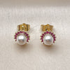 Oro Laminado Stud Earring, Gold Filled Style Cluster and Ball Design, with Ivory Pearl and Ruby Cubic Zirconia, Polished, Golden Finish, 02.196.0239