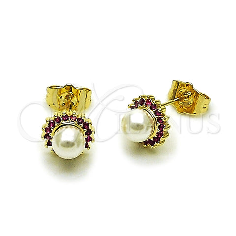 Oro Laminado Stud Earring, Gold Filled Style Cluster and Ball Design, with Ivory Pearl and Ruby Cubic Zirconia, Polished, Golden Finish, 02.196.0239