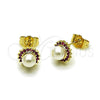 Oro Laminado Stud Earring, Gold Filled Style Cluster and Ball Design, with Ivory Pearl and Ruby Cubic Zirconia, Polished, Golden Finish, 02.196.0239