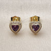 Oro Laminado Stud Earring, Gold Filled Style Heart and Cluster Design, with Amethyst Cubic Zirconia and White Micro Pave, Polished, Golden Finish, 02.196.0240