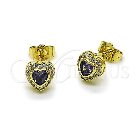 Oro Laminado Stud Earring, Gold Filled Style Heart and Cluster Design, with Amethyst Cubic Zirconia and White Micro Pave, Polished, Golden Finish, 02.196.0240