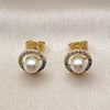 Oro Laminado Stud Earring, Gold Filled Style Cluster and Ball Design, with Ivory Pearl and Multicolor Micro Pave, Polished, Golden Finish, 02.196.0241