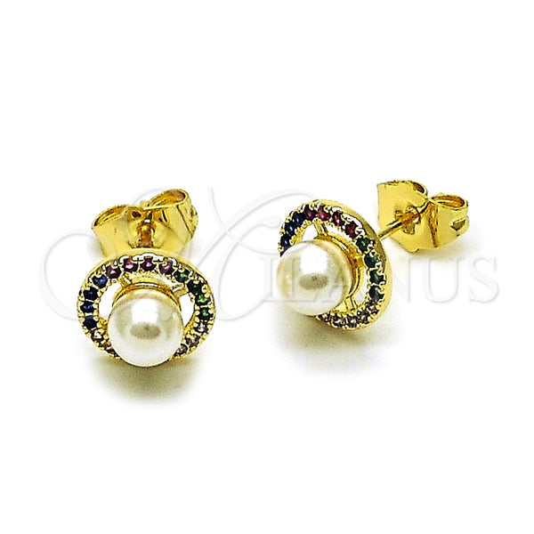 Oro Laminado Stud Earring, Gold Filled Style Cluster and Ball Design, with Ivory Pearl and Multicolor Micro Pave, Polished, Golden Finish, 02.196.0241