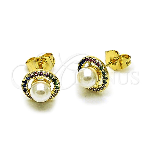 Oro Laminado Stud Earring, Gold Filled Style Cluster and Ball Design, with Ivory Pearl and Multicolor Micro Pave, Polished, Golden Finish, 02.196.0241