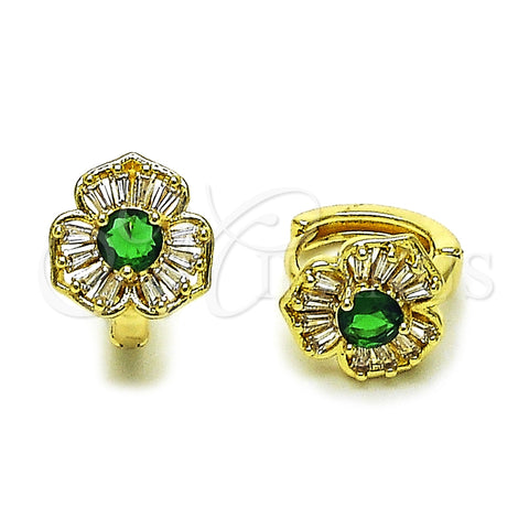 Oro Laminado Huggie Hoop, Gold Filled Style Flower and Baguette Design, with Green and White Cubic Zirconia, Polished, Golden Finish, 02.196.0244.15