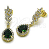 Oro Laminado Dangle Earring, Gold Filled Style Teardrop and Leaf Design, with Green and White Cubic Zirconia, Polished, Golden Finish, 02.196.0246