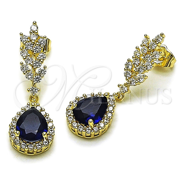Oro Laminado Dangle Earring, Gold Filled Style Teardrop and Leaf Design, with Sapphire Blue and White Cubic Zirconia, Polished, Golden Finish, 02.196.0246.1