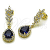 Oro Laminado Dangle Earring, Gold Filled Style Teardrop and Leaf Design, with Sapphire Blue and White Cubic Zirconia, Polished, Golden Finish, 02.196.0246.1