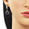 Oro Laminado Dangle Earring, Gold Filled Style Teardrop and Leaf Design, with Sapphire Blue and White Cubic Zirconia, Polished, Golden Finish, 02.196.0246.1
