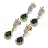 Oro Laminado Dangle Earring, Gold Filled Style Teardrop and Leaf Design, with Sapphire Blue and White Cubic Zirconia, Polished, Golden Finish, 02.196.0246.1