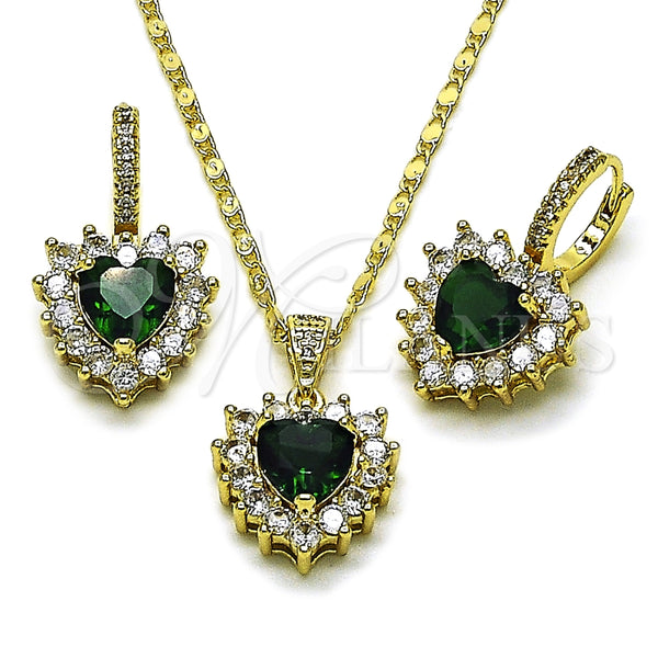 Oro Laminado Earring and Pendant Adult Set, Gold Filled Style Heart and Cluster Design, with Green and White Cubic Zirconia, Polished, Golden Finish, 10.196.0192