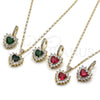 Oro Laminado Earring and Pendant Adult Set, Gold Filled Style Heart and Cluster Design, with Green and White Cubic Zirconia, Polished, Golden Finish, 10.196.0192