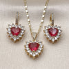 Oro Laminado Earring and Pendant Adult Set, Gold Filled Style Heart and Cluster Design, with Ruby and White Cubic Zirconia, Polished, Golden Finish, 10.196.0192.1