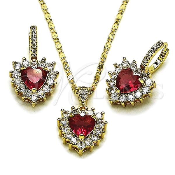 Oro Laminado Earring and Pendant Adult Set, Gold Filled Style Heart and Cluster Design, with Ruby and White Cubic Zirconia, Polished, Golden Finish, 10.196.0192.1
