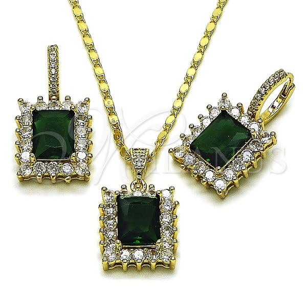 Oro Laminado Earring and Pendant Adult Set, Gold Filled Style Cluster Design, with Green and White Cubic Zirconia, Polished, Golden Finish, 10.196.0193