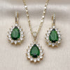 Oro Laminado Earring and Pendant Adult Set, Gold Filled Style Cluster and Teardrop Design, with Green and White Cubic Zirconia, Polished, Golden Finish, 10.196.0194