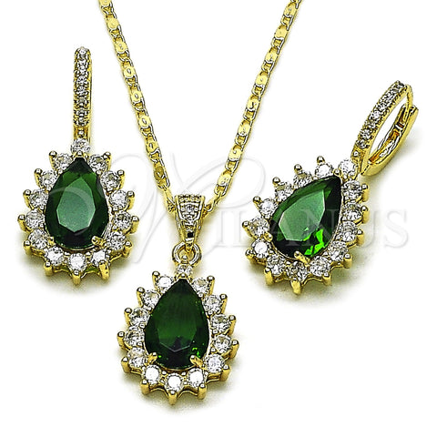 Oro Laminado Earring and Pendant Adult Set, Gold Filled Style Cluster and Teardrop Design, with Green and White Cubic Zirconia, Polished, Golden Finish, 10.196.0194