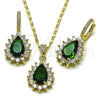 Oro Laminado Earring and Pendant Adult Set, Gold Filled Style Cluster and Teardrop Design, with Green and White Cubic Zirconia, Polished, Golden Finish, 10.196.0194