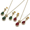 Oro Laminado Earring and Pendant Adult Set, Gold Filled Style Teardrop and Cluster Design, with Green Cubic Zirconia and White Micro Pave, Polished, Golden Finish, 10.196.0195