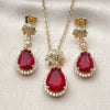 Oro Laminado Earring and Pendant Adult Set, Gold Filled Style Teardrop and Leaf Design, with Garnet Cubic Zirconia and White Micro Pave, Polished, Golden Finish, 10.196.0195.1