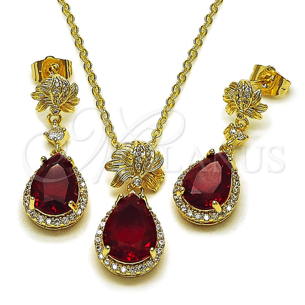 Oro Laminado Earring and Pendant Adult Set, Gold Filled Style Teardrop and Leaf Design, with Garnet Cubic Zirconia and White Micro Pave, Polished, Golden Finish, 10.196.0195.1