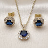 Oro Laminado Earring and Pendant Adult Set, Gold Filled Style Cluster and Baguette Design, with Sapphire Blue and White Cubic Zirconia, Polished, Golden Finish, 10.196.0196