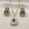 Oro Laminado Earring and Pendant Adult Set, Gold Filled Style Teardrop and Cluster Design, with Green and White Cubic Zirconia, Polished, Golden Finish, 10.196.0197