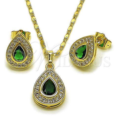 Oro Laminado Earring and Pendant Adult Set, Gold Filled Style Teardrop and Cluster Design, with Green and White Cubic Zirconia, Polished, Golden Finish, 10.196.0197