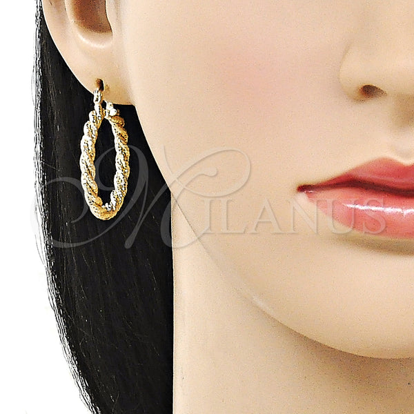 Gold Filled Hoop Earrings — Medium Hoop Twist Design Diamond Cutting 02. — alternate product view — SKU 161808 | Oro Laminado aretes de aro — Medium Hoop Twist diseño Diamond Cutting 02. — SKU 161808