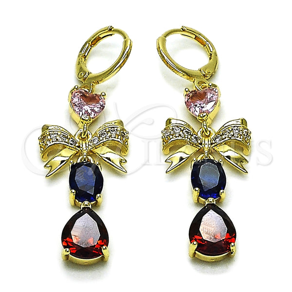 Oro Laminado Long Earring, Gold Filled Style Bow and Teardrop Design, with Multicolor and White Cubic Zirconia, Polished, Golden Finish, 02.196.0251