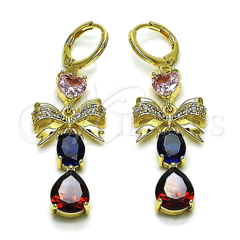 Oro Laminado Long Earring, Gold Filled Style Bow and Teardrop Design, with Multicolor and White Cubic Zirconia, Polished, Golden Finish, 02.196.0251