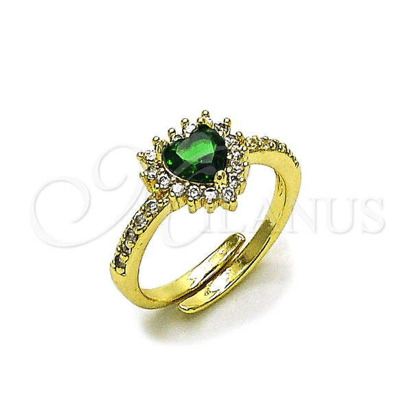 Oro Laminado Multi Stone Ring, Gold Filled Style Heart and Cluster Design, with Green and White Cubic Zirconia, Polished, Golden Finish, 01.196.0033